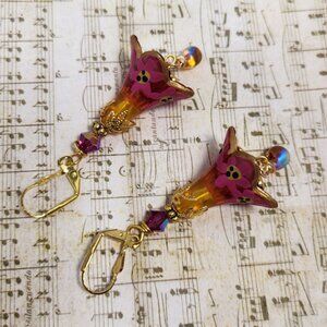 Yellow Hand Painted Lucite Magenta Flower Earrings, Crystal, Filigree Gold Cap